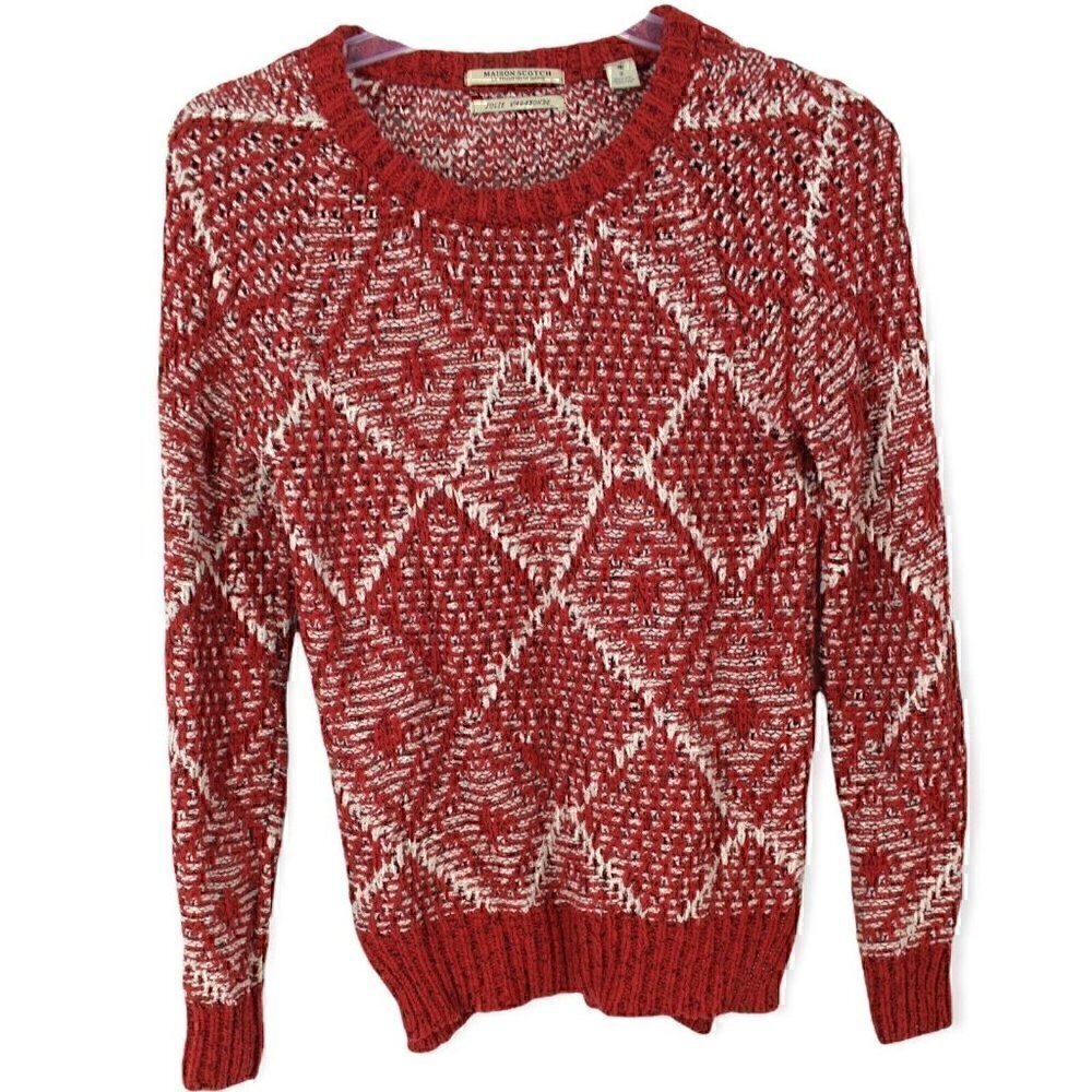 Maison Scotch Sweater Womens Size 2 Chunky Knit Pullover Red White Casual